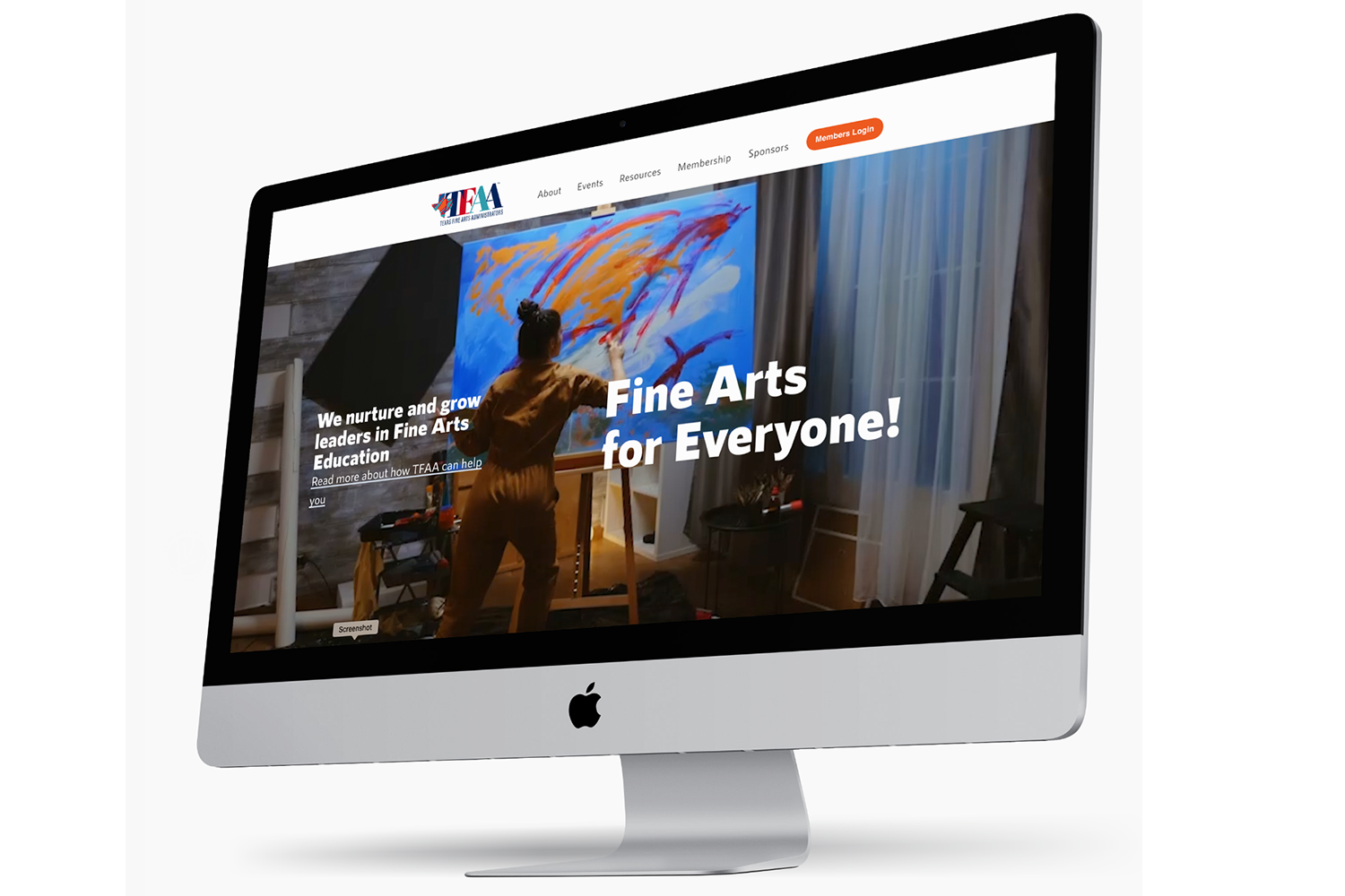 Texas Fine Arts Administrators website shown on an iMac monitor with the tagline Fine Arts for Everyone