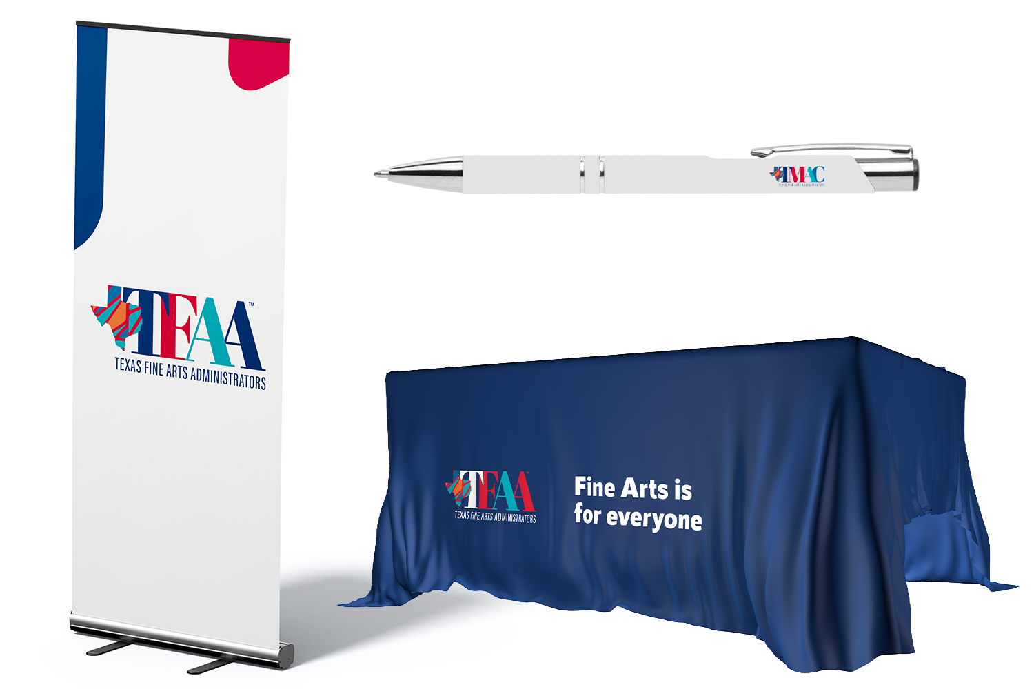 TFAA event branding materials and signage including a retractable banner, corporate pen and printed tablecloth