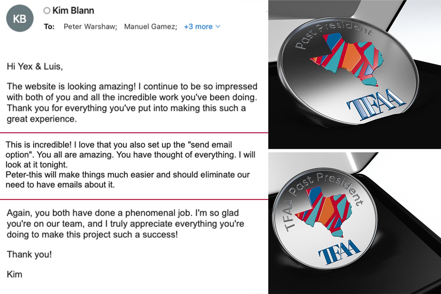Congratulatory email testimonial from the TFAA board next to a commemorative medal carrying the corporate visual identity
