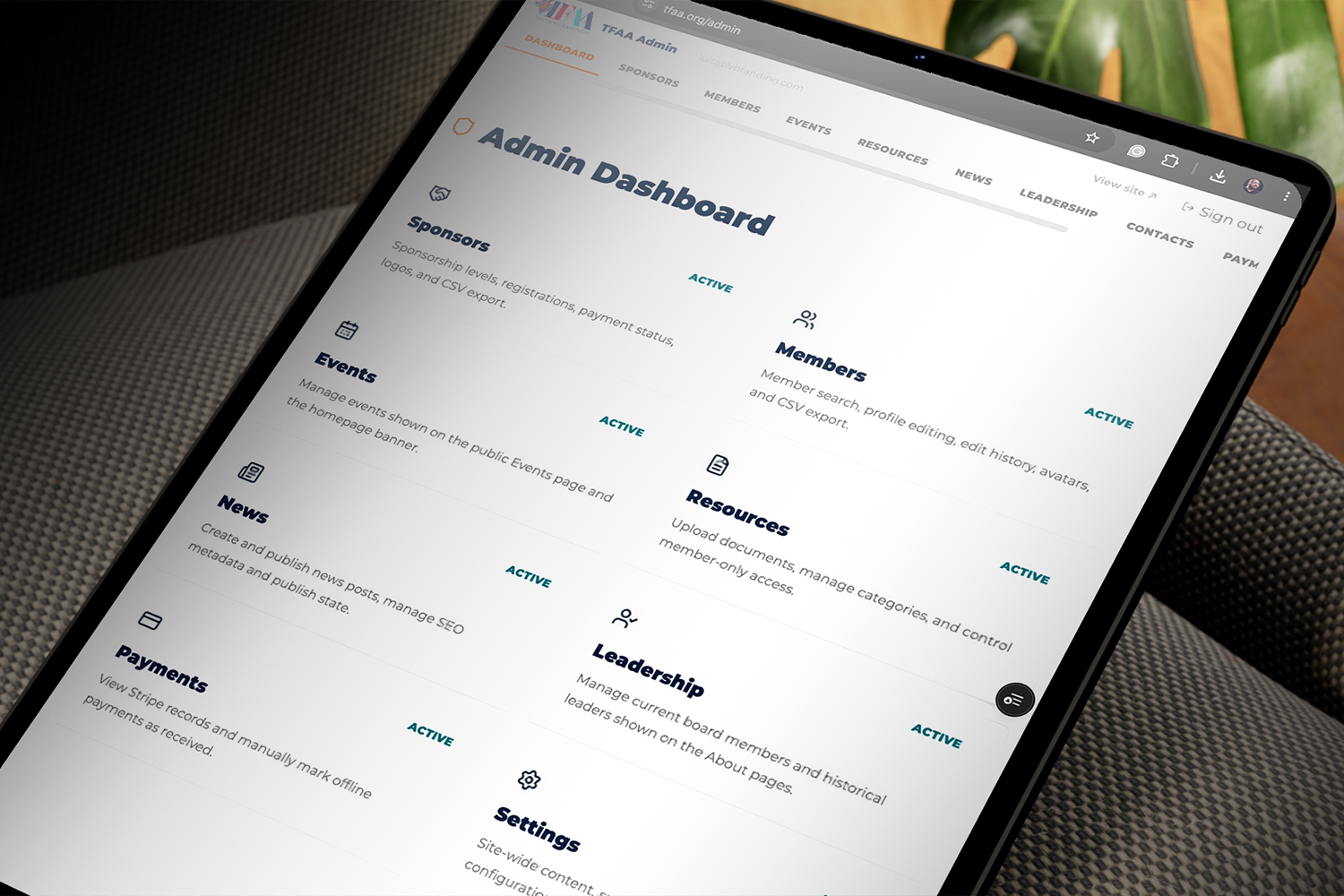 TFAA admin panel on a tablet showing member management, events, payments and resources modules