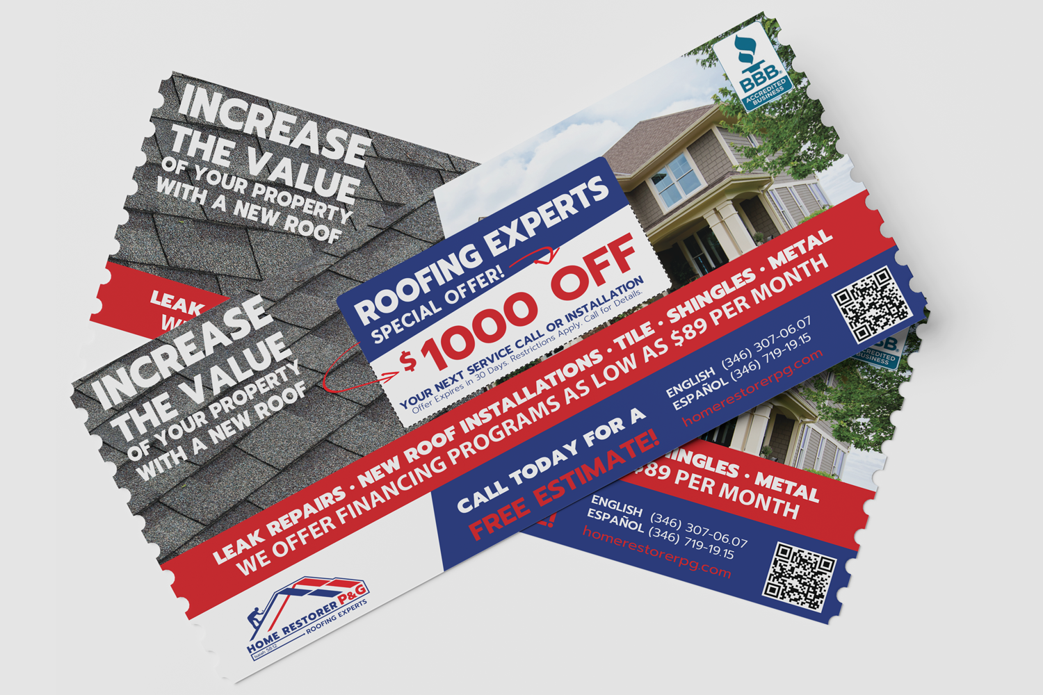 Folleto publicitario y material de venta impreso para el contratista de techos Home Restorer por LV Branding.