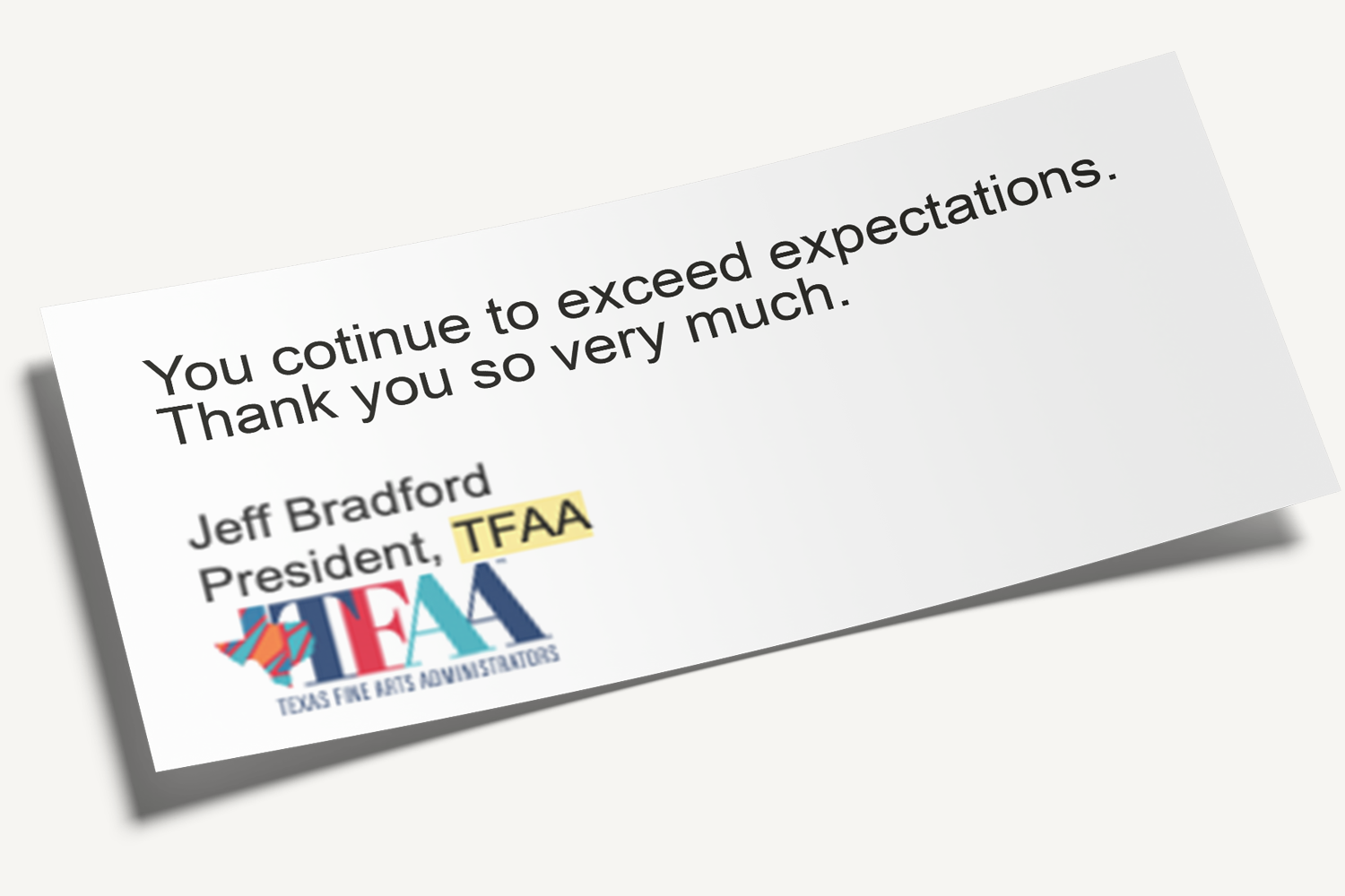 Thank-you note from Jeff Bradford, president of TFAA, recognizing the development and design work by LV Branding