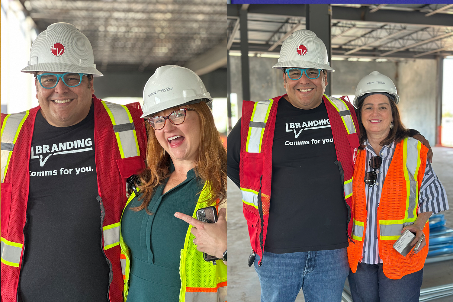 Luis Velasquez in a hard hat and safety vest with the organization's team on a site visit to a community build.