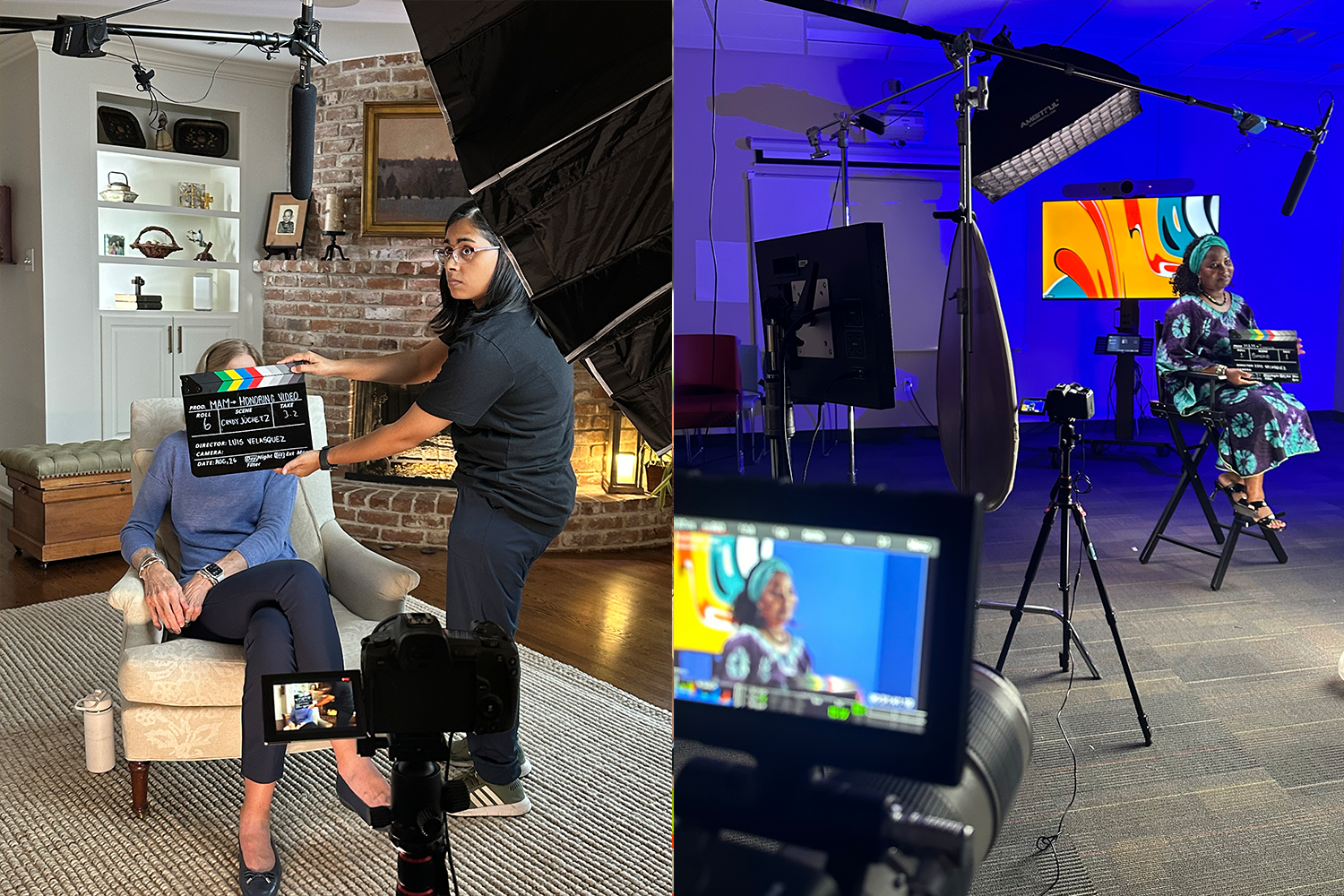 Clapperboard on set during the filming of tribute and community testimonial videos produced by LV Branding.