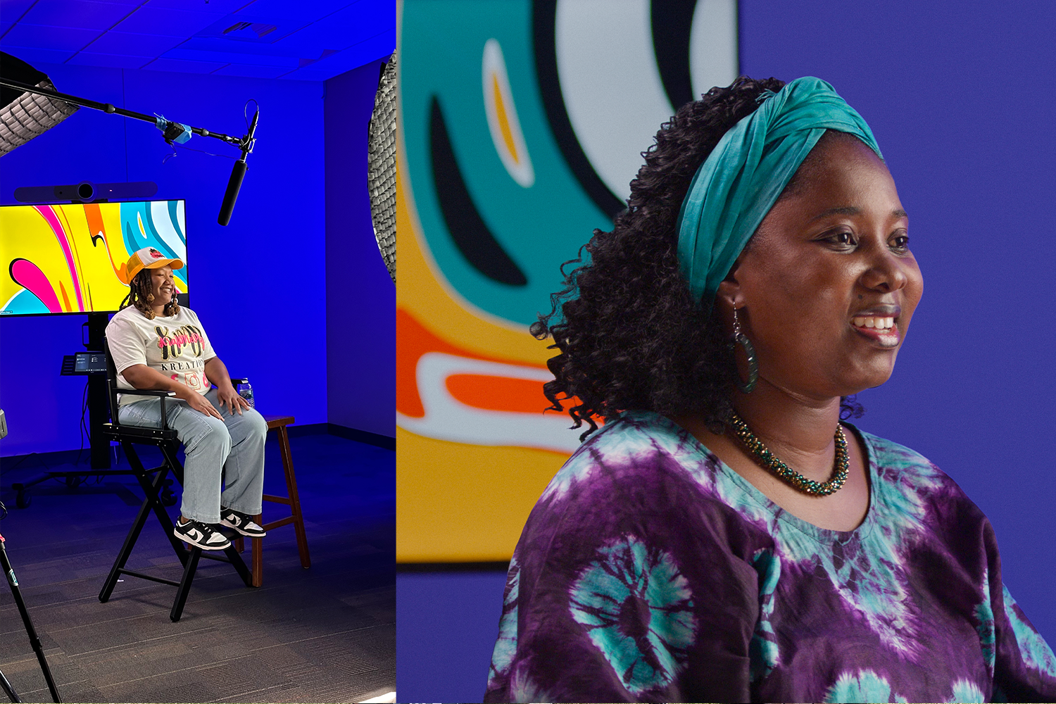 Testimonial interviews being filmed on a professionally lit set for a community impact video.