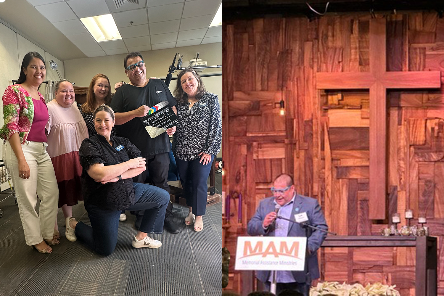 The LV Branding production team with MAM staff on the filming set, and Luis Velasquez speaking at the annual event.